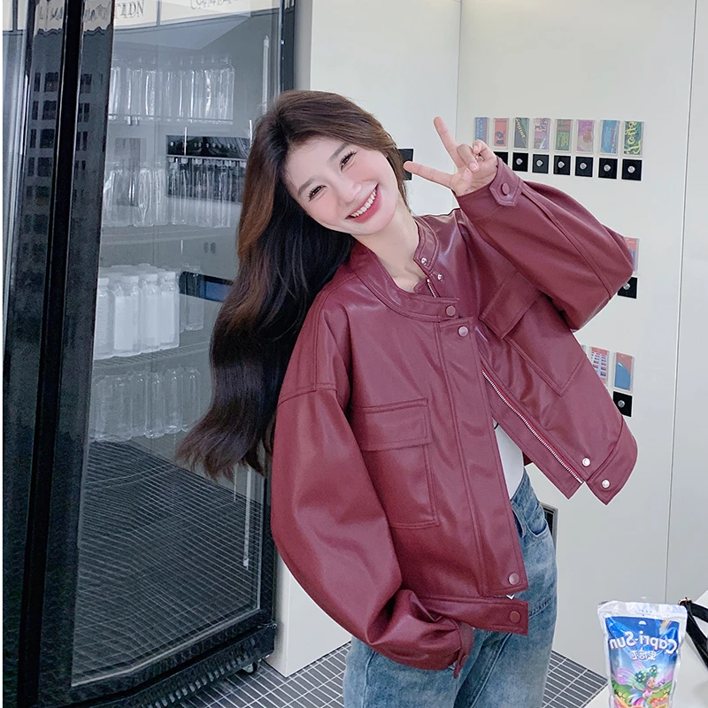 小个子超好看安可拉红PU皮外套2025春秋今年流行爆款减龄皮衣夹克