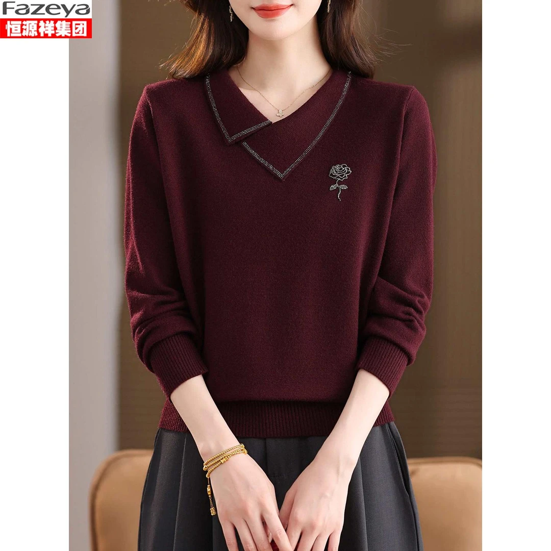 恒源祥集团彩羊衣针织衫2025秋冬高级感烫钻妈妈装短款打底衫毛衣