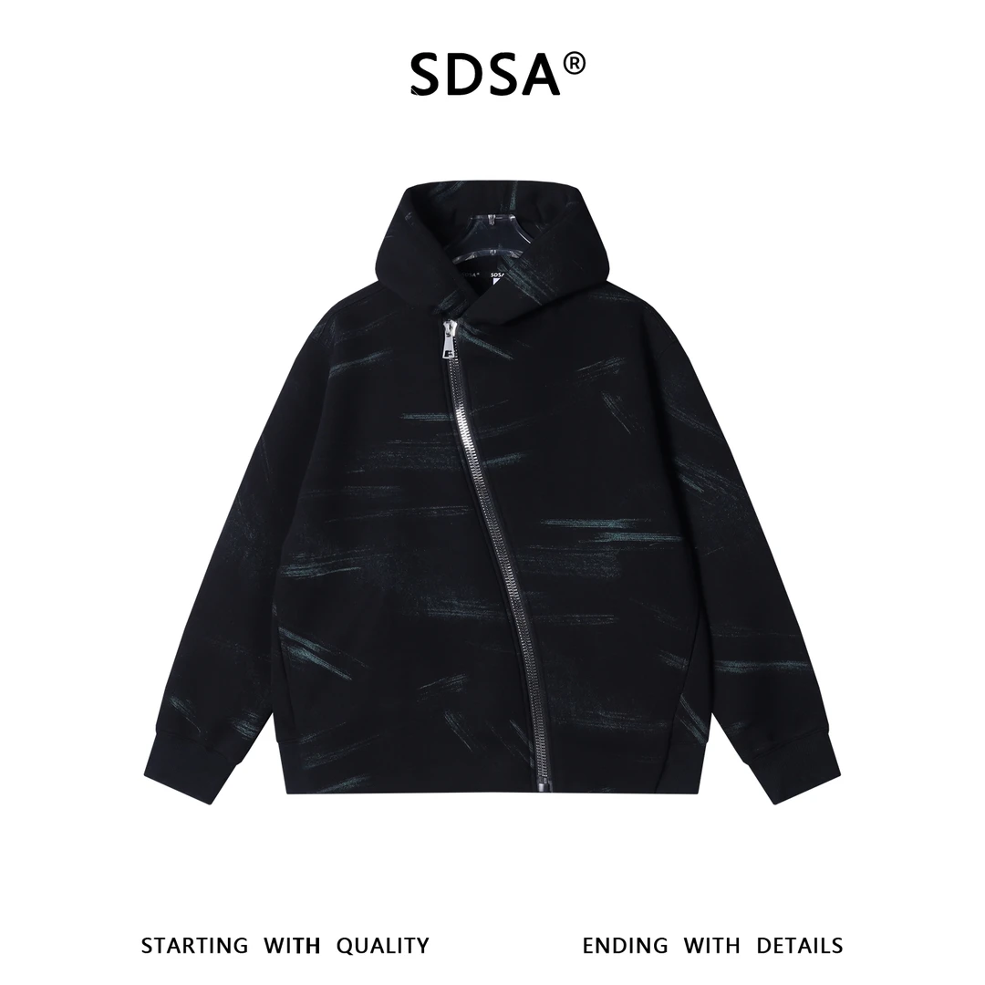 SDSA男士秋冬新款痞帅男装潮牌撞色印花斜拉链连帽卫衣百搭时尚