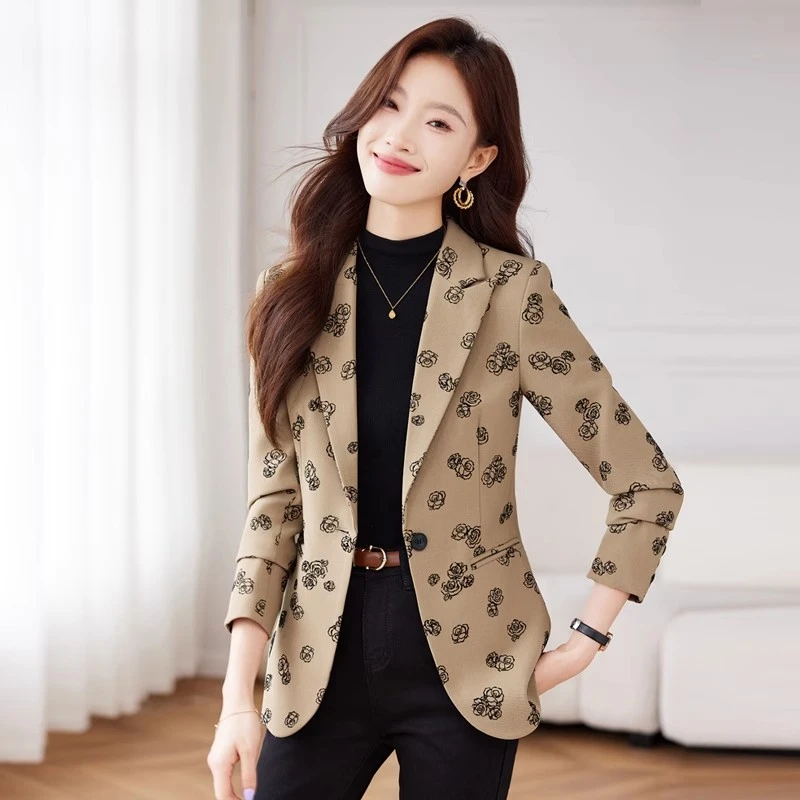 高级感复古玫瑰印花西装外套女春秋2025新款修身显瘦炸街西服外套