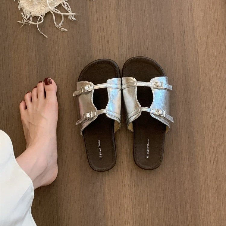 韩版银色拖鞋女夏外穿新款法式复古百搭凉拖度假海边厚底鞋女夏季