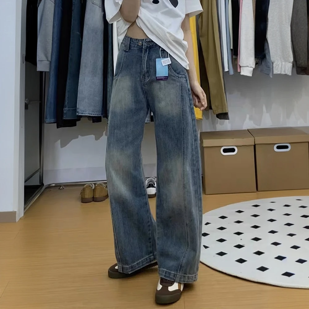 复古美式弯刀阔腿牛仔裤女夏季新款高腰显瘦宽松遮肉直筒镰刀裤子