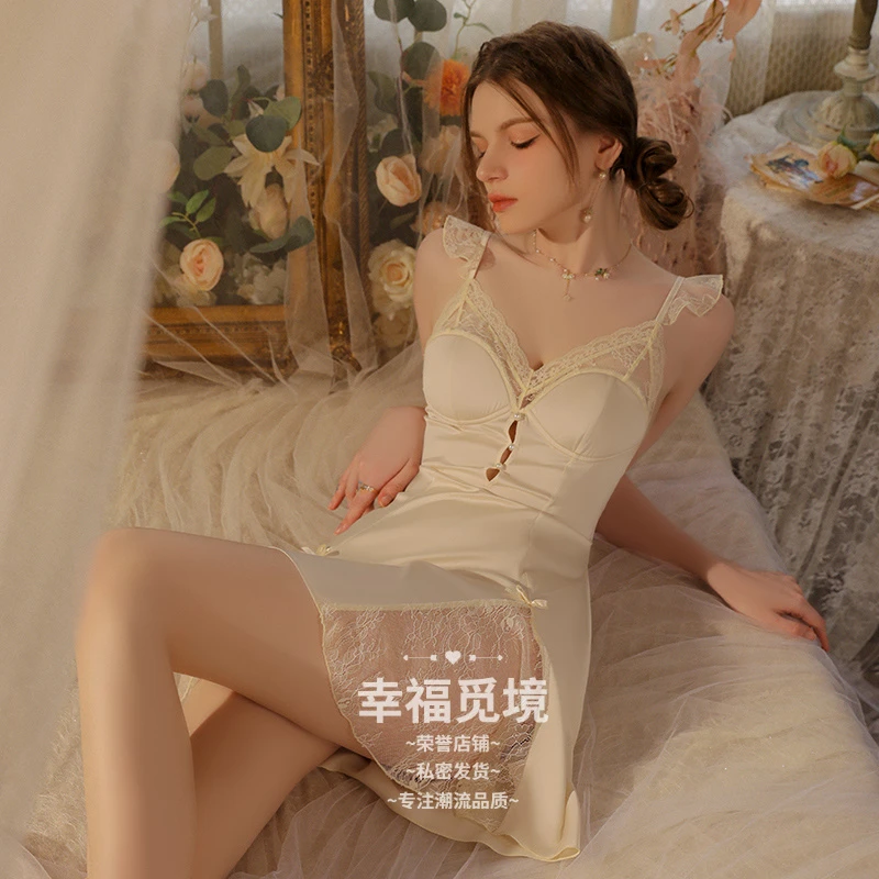 爆款夏季新款缎聚拢性感胸垫大码睡衣性感睡衣吊带裙蕾丝冰丝睡衣