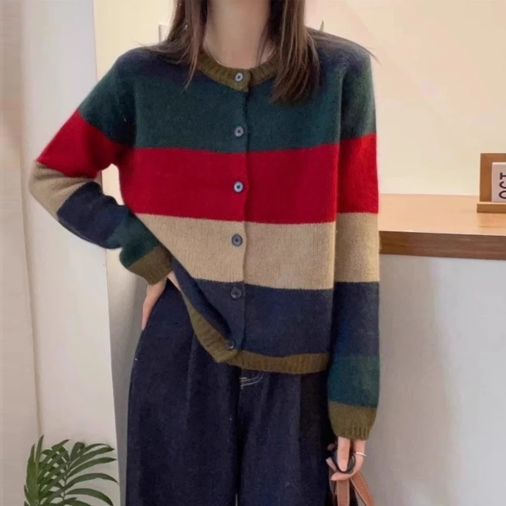 彩色条纹圆领针织软糯开衫毛衣外套女欧洲站秋冬2025新款欧货女装