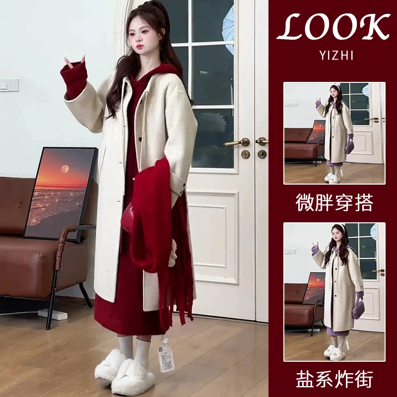 韩系搭配一整套冬装气质毛呢外套中长款毛衣裙今年流行的时尚套装