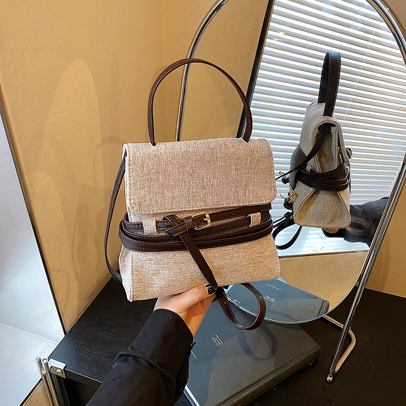 时尚小众设计感时髦腰带绑架包麻料手提包女2025新款洋气斜挎包潮