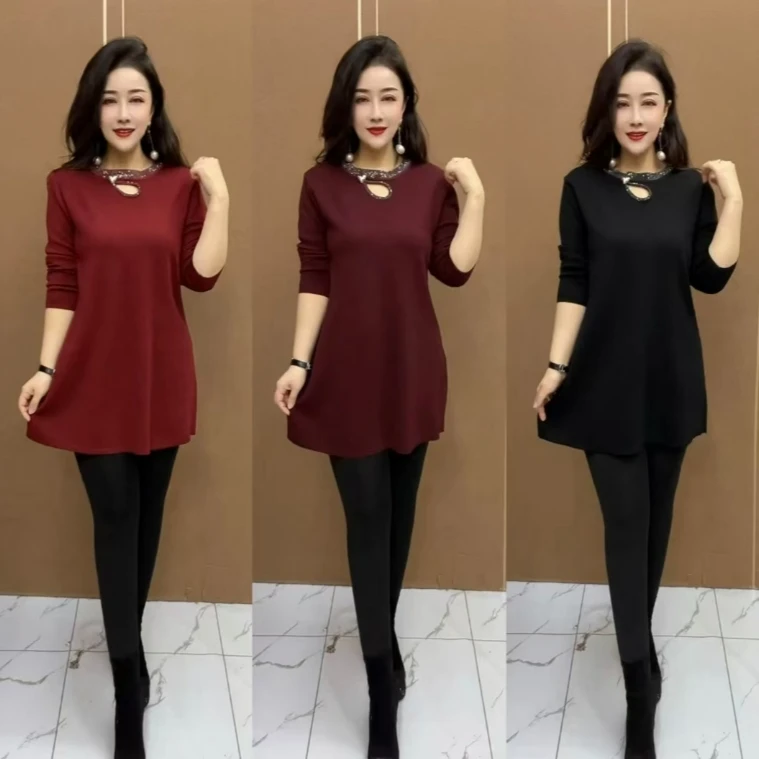 DM镂空高温烫钻百搭针织打底衫气质连衣裙