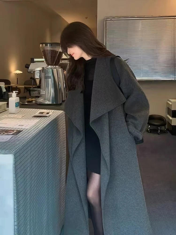 大翻领双面外套翻领女慵懒风风衣腰带浴袍系带保暖百搭羊毛大衣