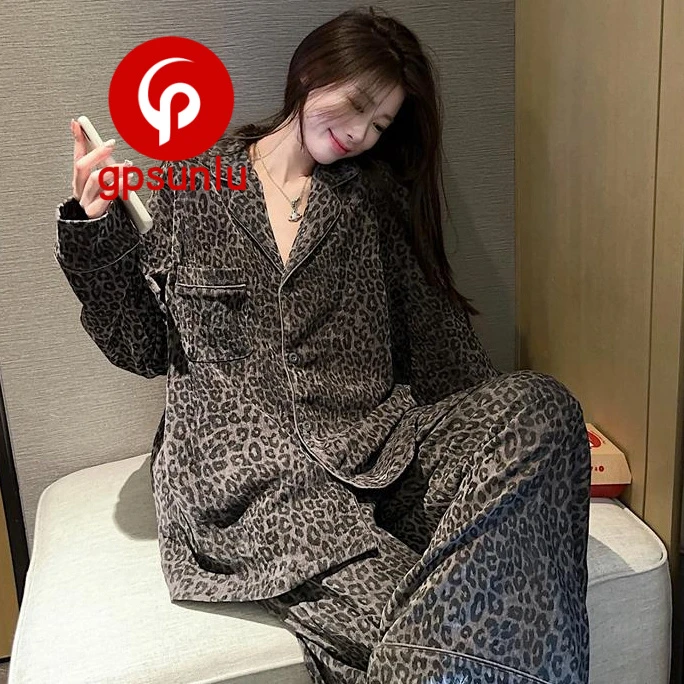 gpsunlu韩系时尚轻奢豹纹德绒睡衣女款春秋冬季宽松家居服套装