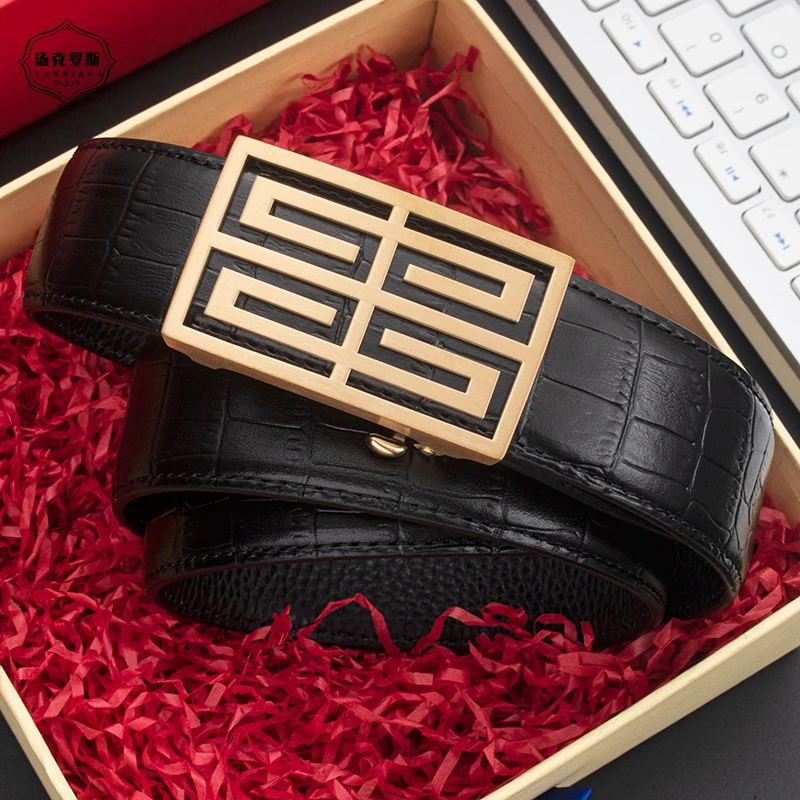 TANKIROS/汤克罗斯3.5 真皮轻奢男皮带高档百搭平滑扣鳄鱼纹腰带