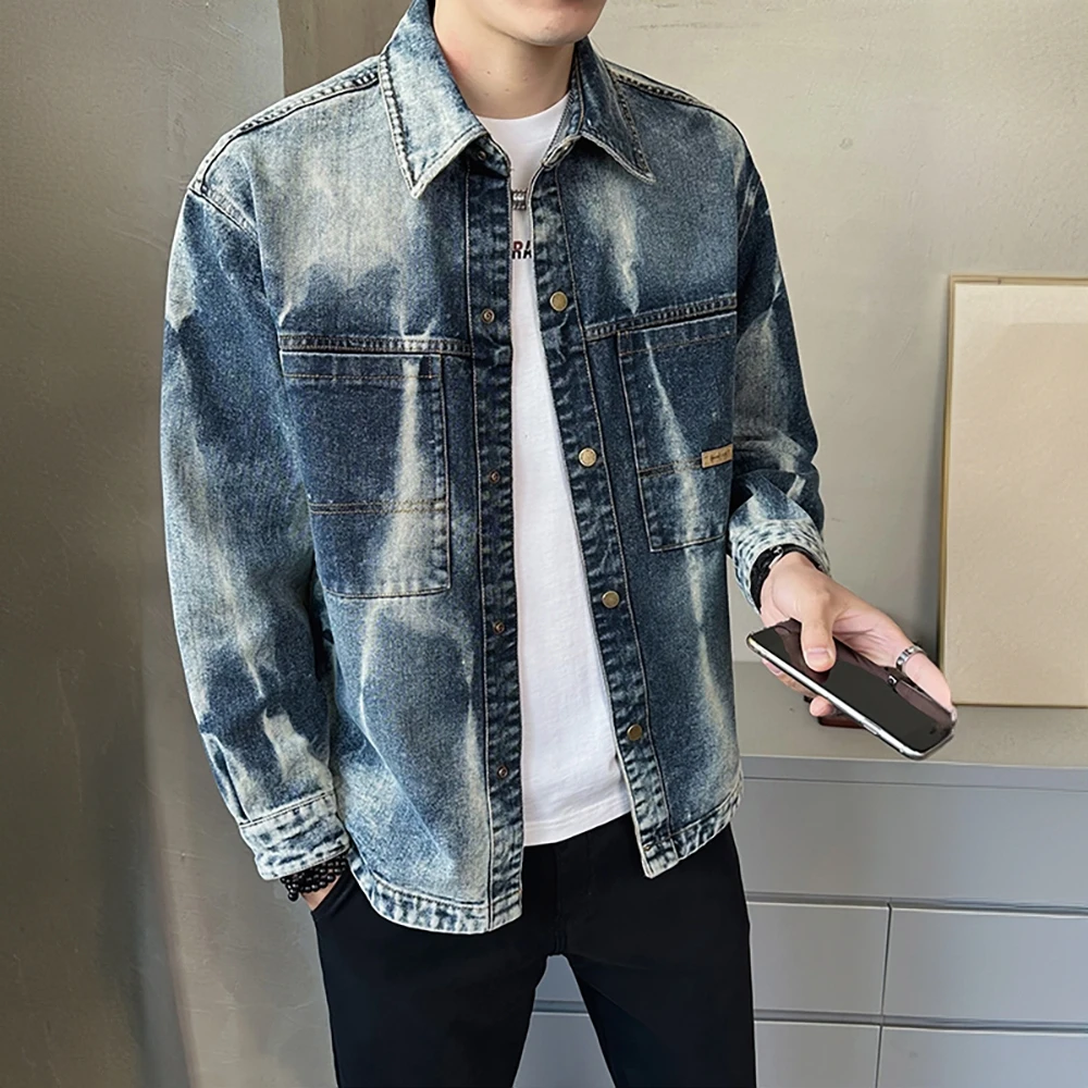 牛仔外套男士春季新款时尚潮流复古百搭水洗扎染翻领衬衫夹克上衣