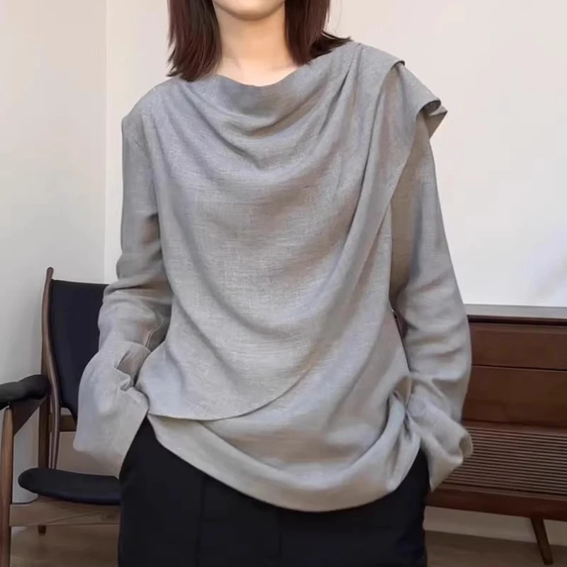 韩系灰色荷叶领长袖T恤秋季新款胖MM大码女装宽松休闲不规则上衣