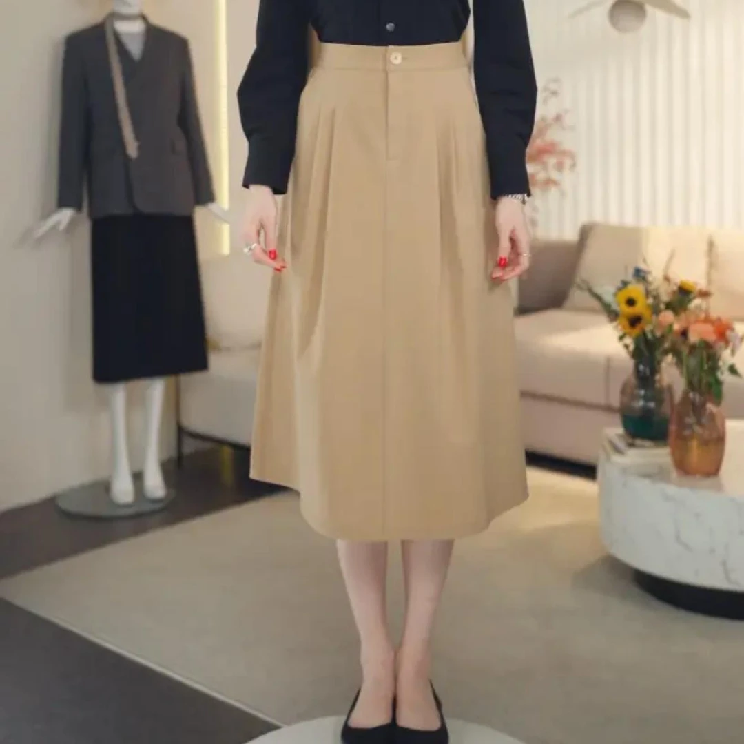 GIRDEAR/哥弟新款简约高腰优雅招牌四面弹中长款半身裙伞裙120005