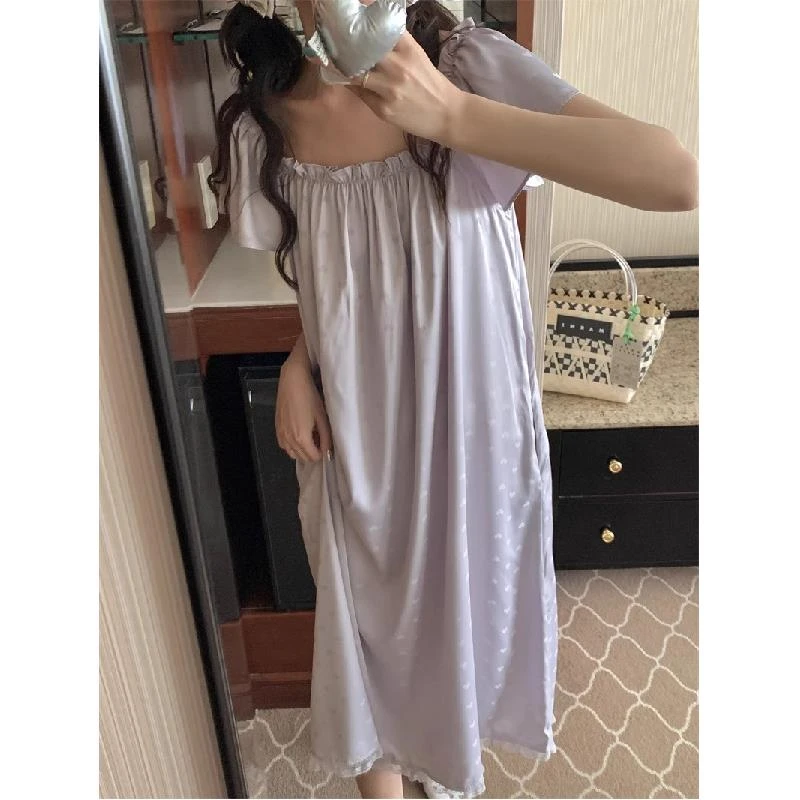 GPSUNLU爱心荷叶边冰丝睡衣女夏季香芋紫色飞袖睡裙蕾丝家居服