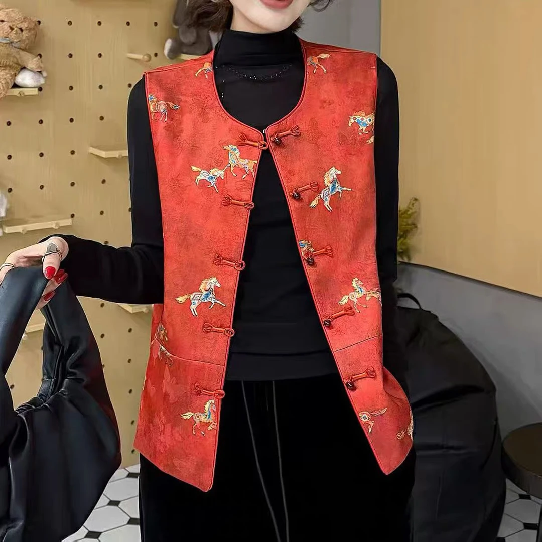 春季新中式红色骏马印花圆领马甲女时尚喜庆百搭