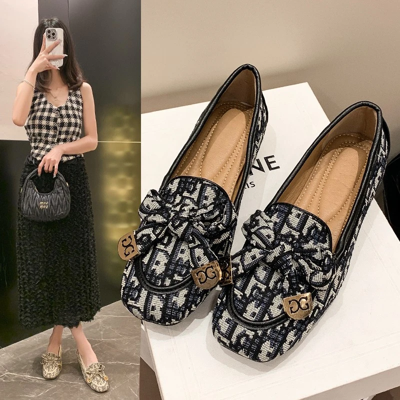 亚莱芙】法式乐福鞋女2025新款粗跟气质软底透气蝴蝶结豆豆鞋