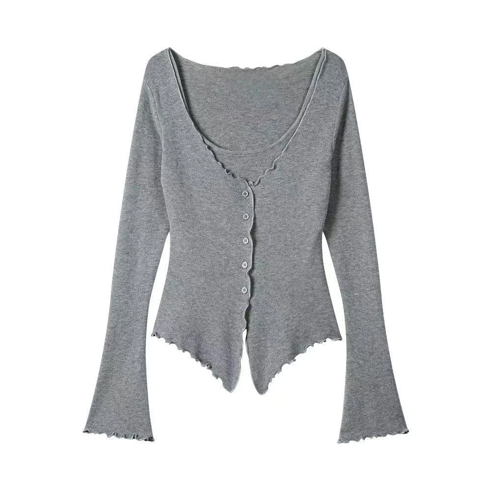 【PAOMIAN】纯欲风木耳边短款针织小衫女独特修身打底衫上衣春季