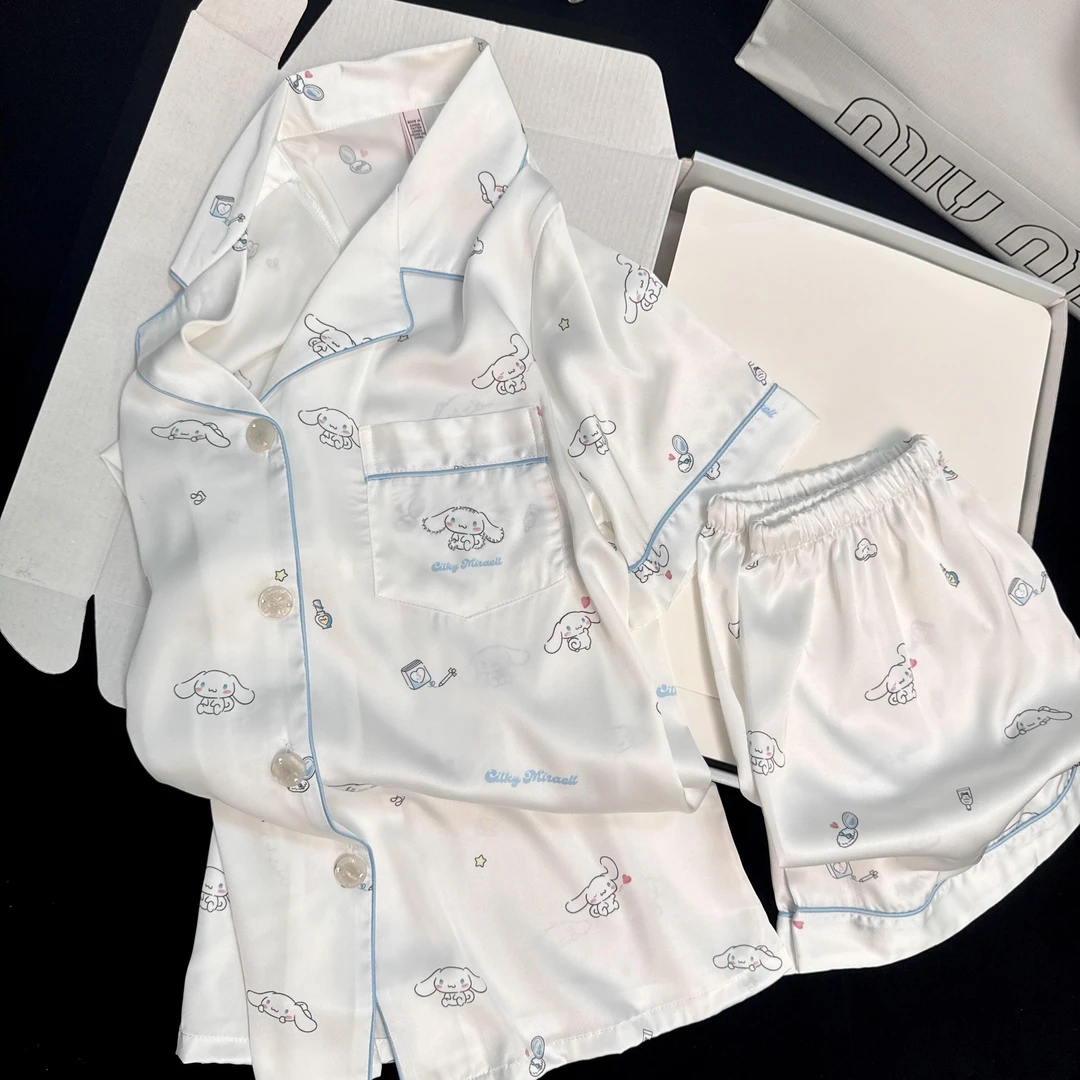 可爱玉桂狗印花冰丝睡衣夏季女款新款缎面短袖短裤家居服大码套装