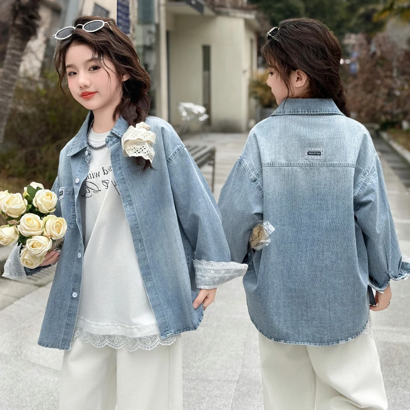 女童牛仔衬衫春秋新款洋气儿童外套中大童女孩外穿长袖蕾丝衬衣