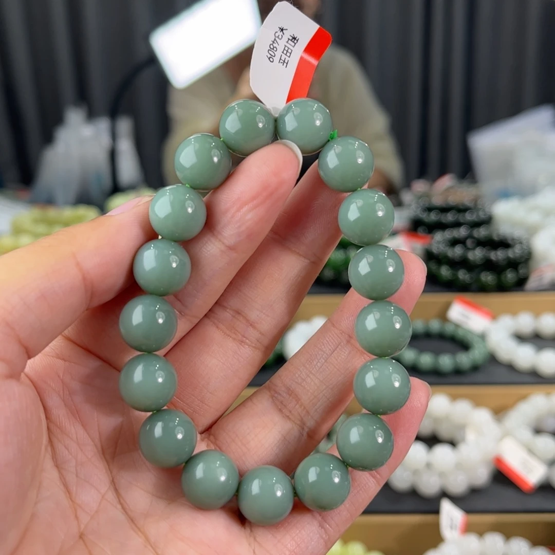 手链未镶嵌和田玉俄料碧玉鸭蛋青卡12圆珠