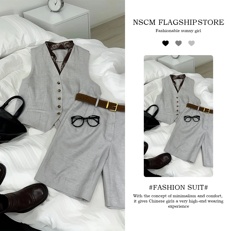 NSCM夏季新款老钱风松弛感女装大方得体休闲西装马甲气质短裤套装