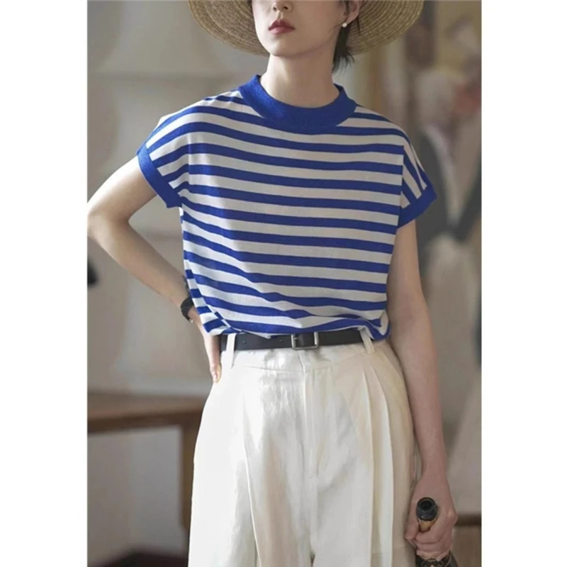 法式海魂条纹正肩短袖t恤女夏季薄款设计感蓝白圆领冰丝针织上衣