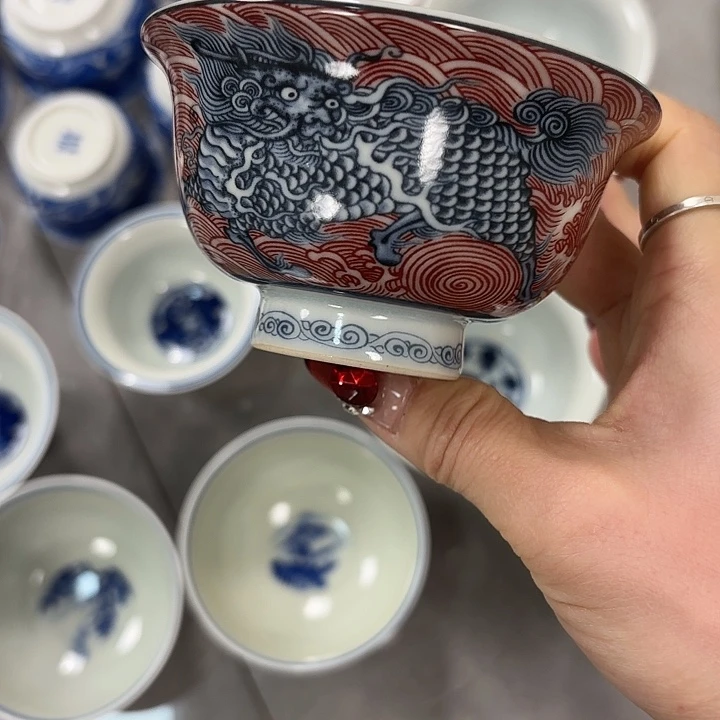 摆件陶麒麟踏浪压手主人杯