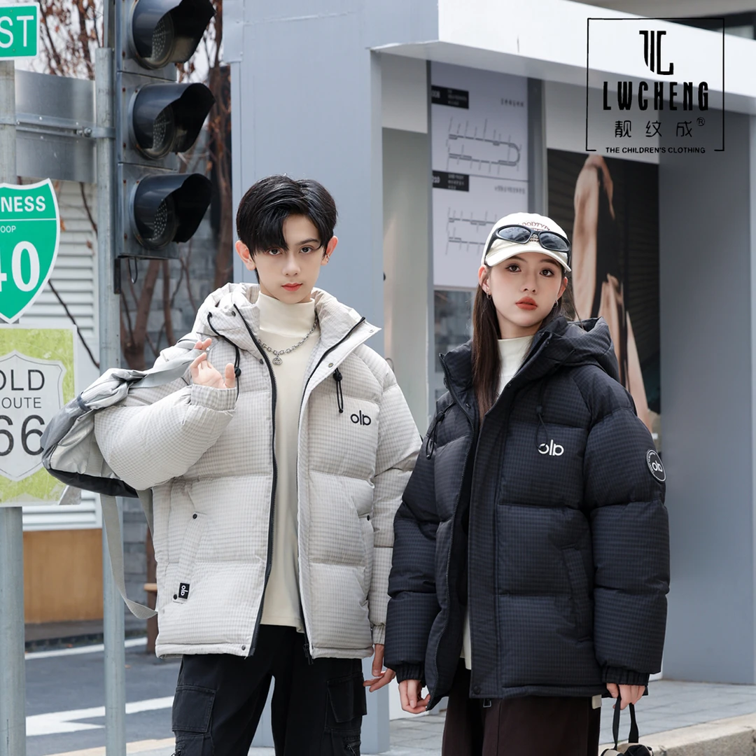 冬季潮牌格子保暖棉服刺绣外套男大童棉棉服