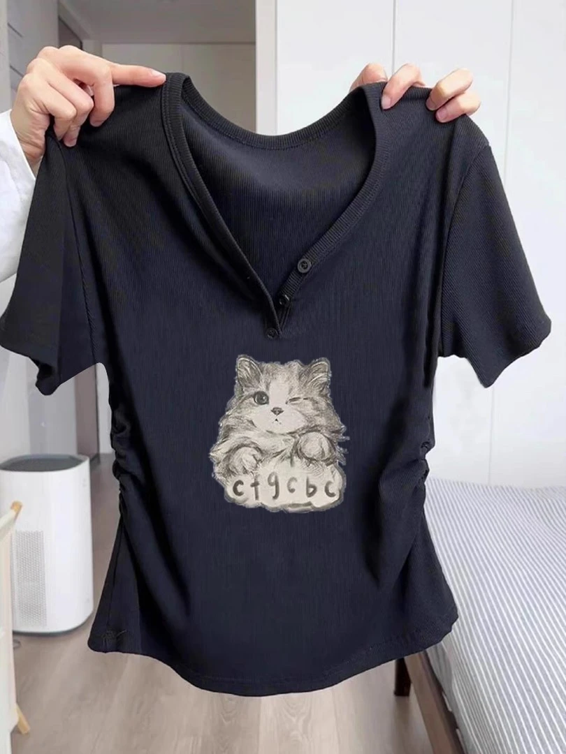 雪花棉夏季新款印花半袖修身纯欲V领减龄紧身显瘦上衣短袖t恤女