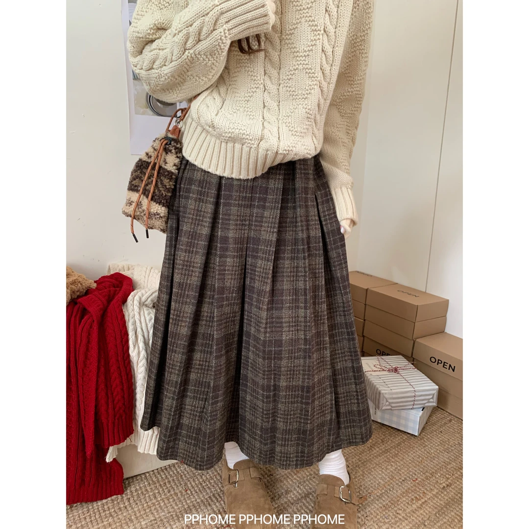 格纹百褶长裙 2025秋冬复古搭配毛呢格子毛呢松紧腰半身裙