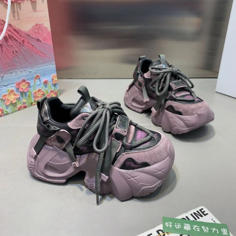 2025早春新款显瘦厚底设计师女鞋休闲老爹鞋拼色系带运动鞋百搭潮