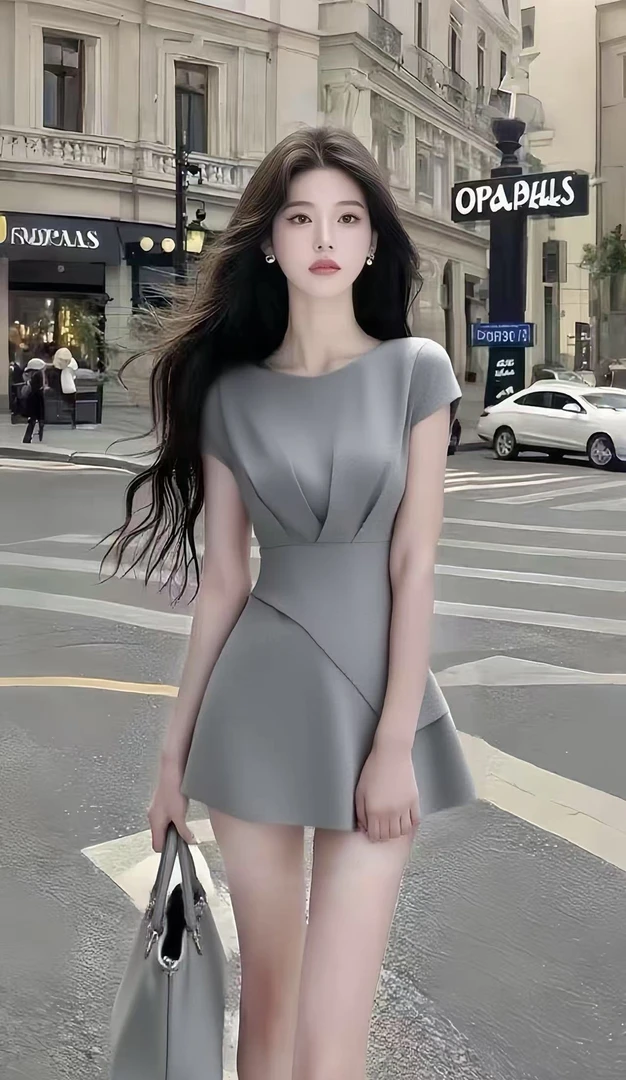 轻奢时尚高端大气灰色圆领短袖收腰氛围感连衣裙女法式显瘦气质