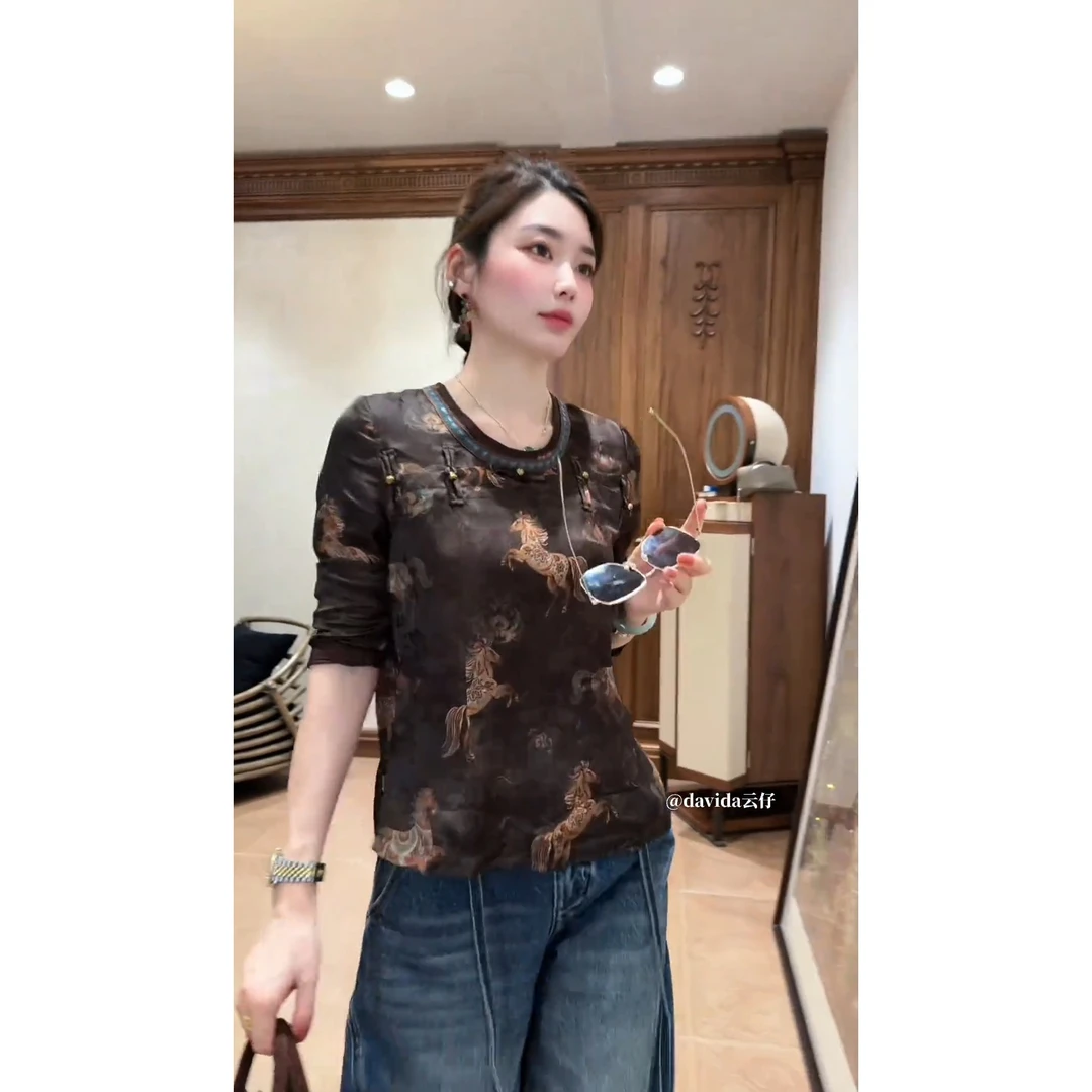 复古老钱风新中式圆领斜襟盘扣衬衫女装2025秋季新款减龄气质上衣