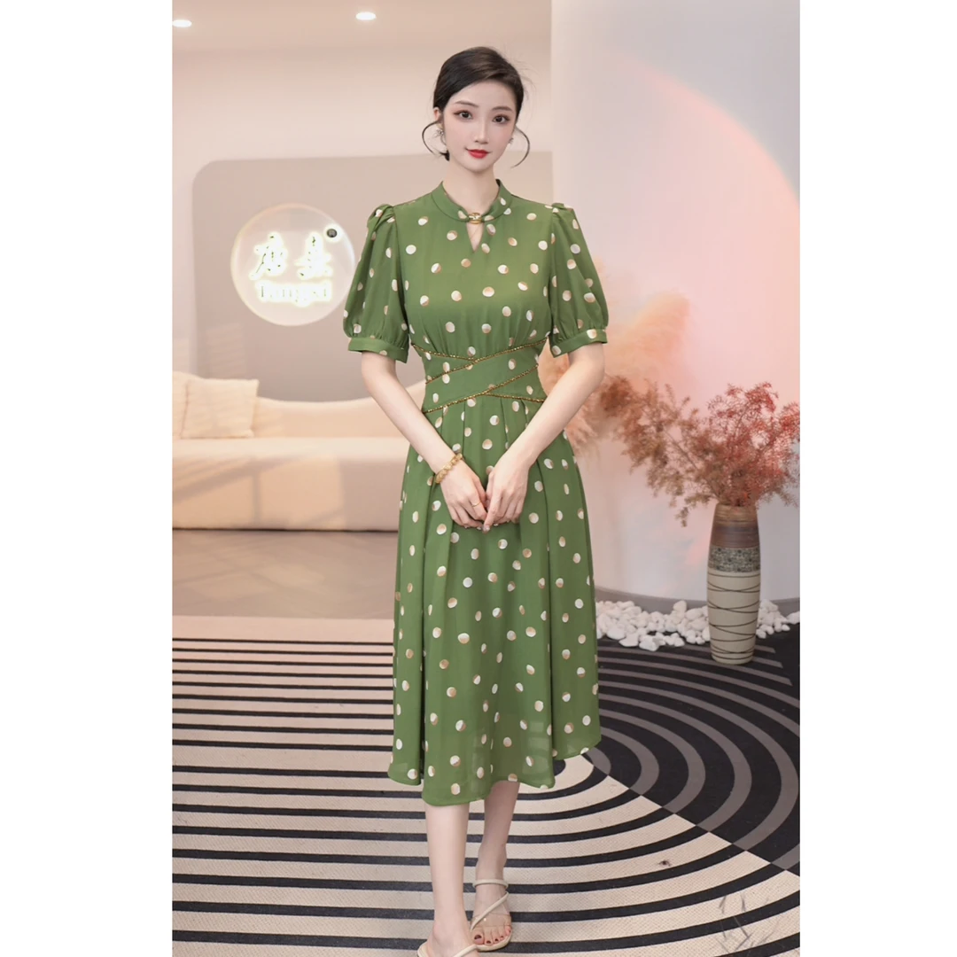 2025年夏季新款【LT-1037】法式高级感清新绿色波点连衣裙子女