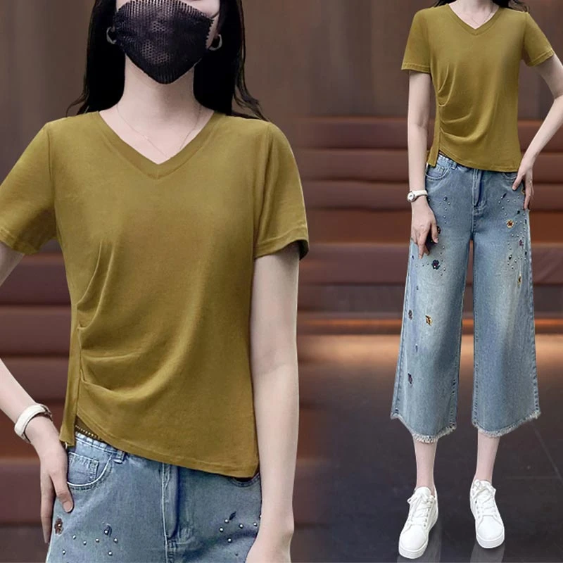 V领不规则显瘦上衣洋气遮肉2025年夏季新款女士短袖t恤百搭显瘦