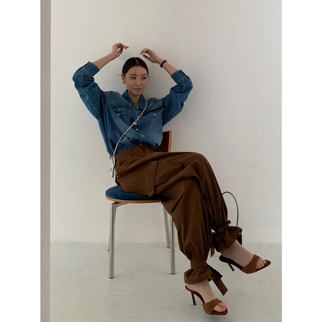 【时光线条】棕色宽松流行束脚绑带休闲裤 K29389GK51