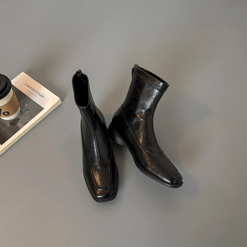 复古方头切尔西短靴女2025秋冬新款百搭时尚增高显瘦厚底靴马丁靴