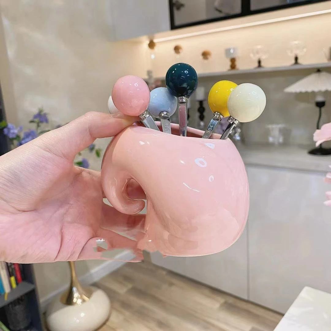 创意304不锈钢水果叉套装家用陶瓷小象收纳罐果叉点心叉