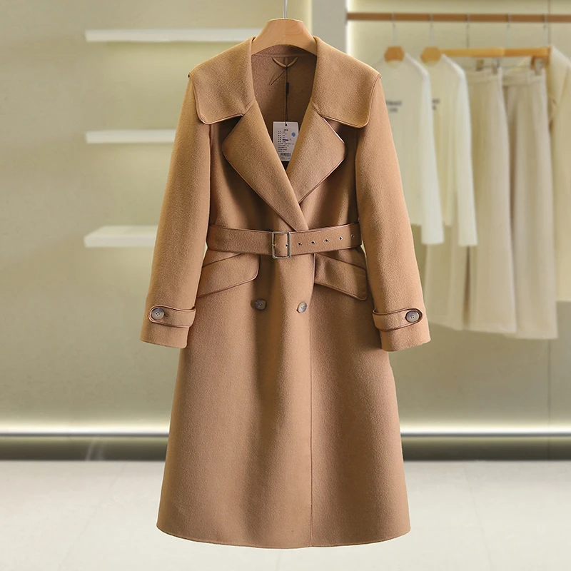 【伍莎-自营】大方领收腰中长款双面呢外套#RBD48B078