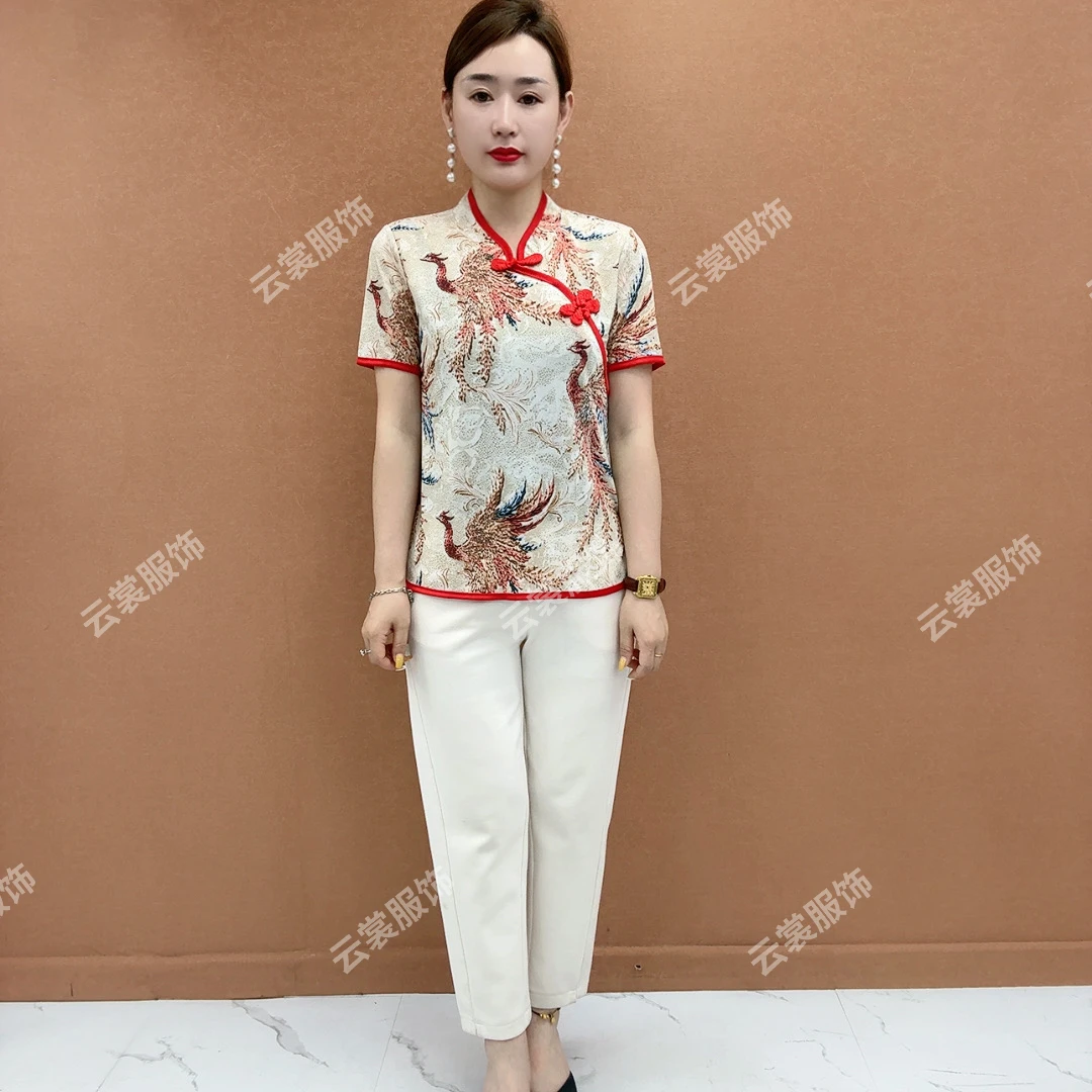 2025夏季新款印染斜襟薄款短袖上衣气质时尚洋气复古中老年妈妈装