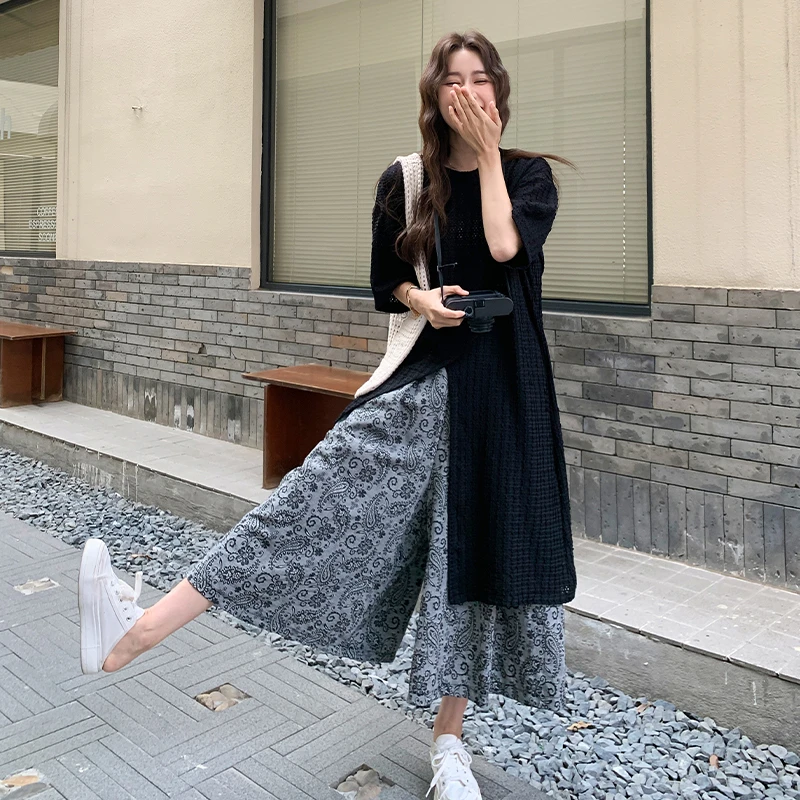 法式黑色开叉连衣裙条纹阔腿裙裤套装女夏2025新款爆款显瘦两件套