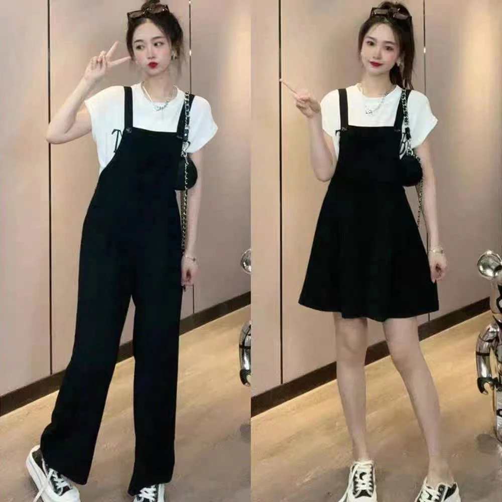 时尚百搭休闲长短裤女夏季新款显瘦减龄百搭黑色直筒垂感背带裤潮