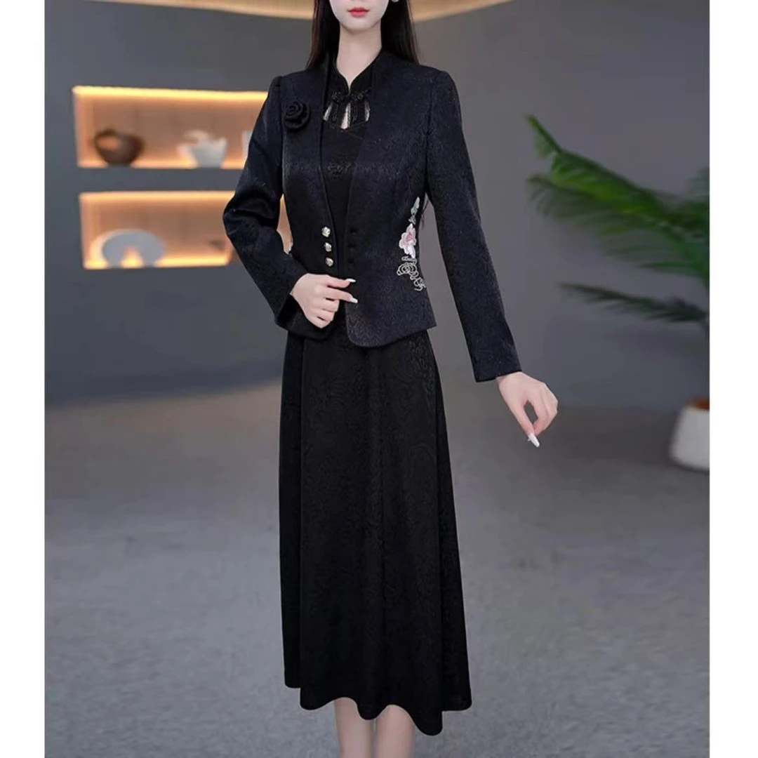 【两件套】新款气质中式旗袍两件套轻奢减龄修身显瘦中长款连衣裙