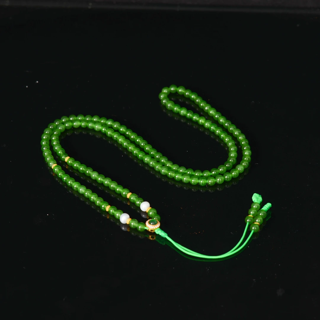 【熊总夫妇】碧玉冰翠果绿色高品质小米珠时尚·18K金4mm项链