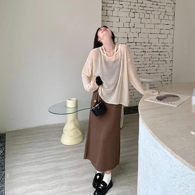 韩系慵懒风针织罩衫套装裙女秋季穿搭2025新款吊带连衣裙两件套