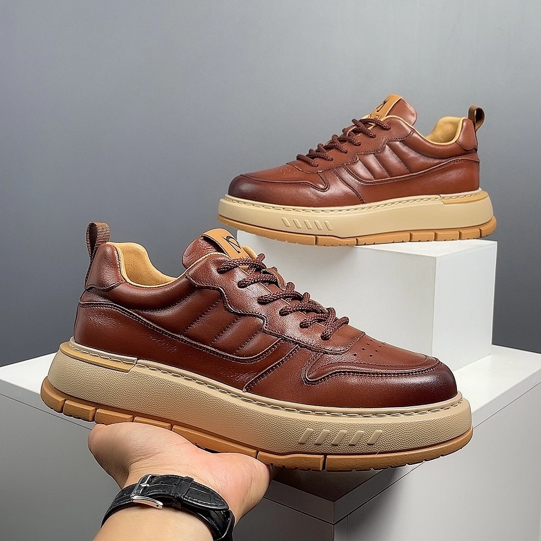 121-9真皮透气男士休闲鞋高级感平底耐磨系带鞋棕色板鞋