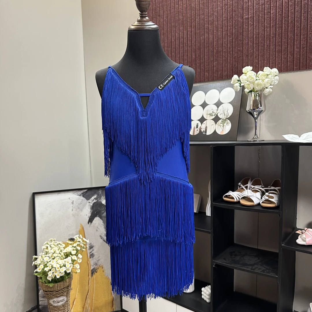 CD卡门新品蓝色流苏连体训练艺考表演露背时尚演出服拉丁舞