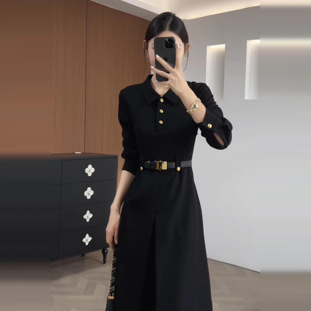 法式复古黑色Polo领长袖衬衫连衣裙早秋2025新款简单大方长裙6652