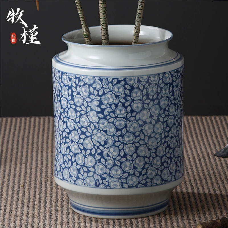 特大号景德镇陶瓷花盆高款直筒青花瓷落地花瓶中式客厅大堂大口径