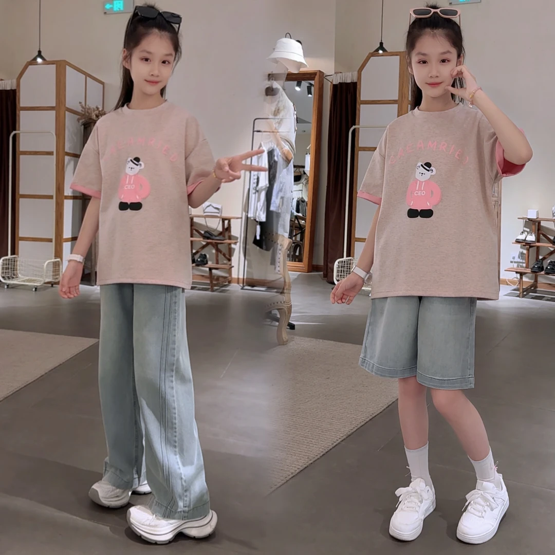 女童夏季小熊短袖牛仔裤套装2025中大童新款时尚洋气宽松两件套